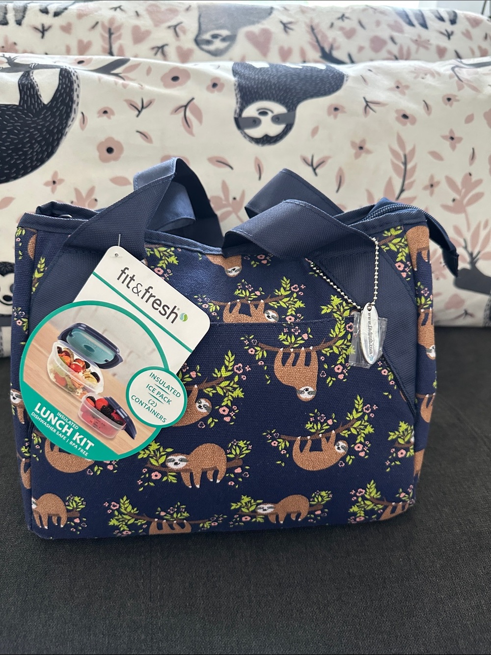 Fit & Fresh Navy Lunch Tote with Sloth and Floral Accent